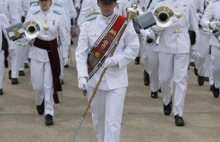 Cadet Hunter Crawley, Regimental Drum Major leading the Citadel Regimental Band and Pipes