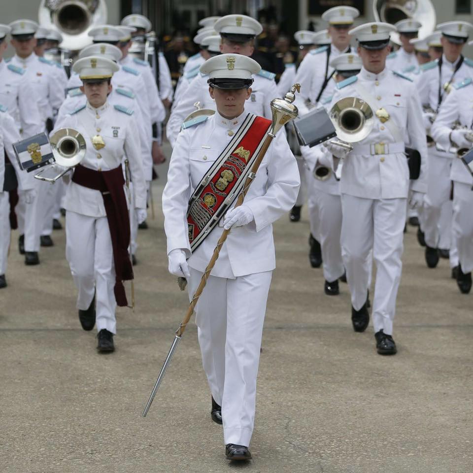 Cadet Hunter Crawley, Regimental Drum Major leading the Citadel Regimental Band and Pipes