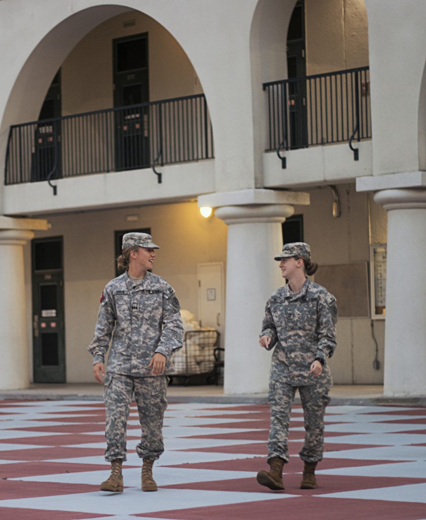 Cadets Sarah Zorn and Jennifer Pozzani take a moment out of their hectic 24-hour schedule to talk.