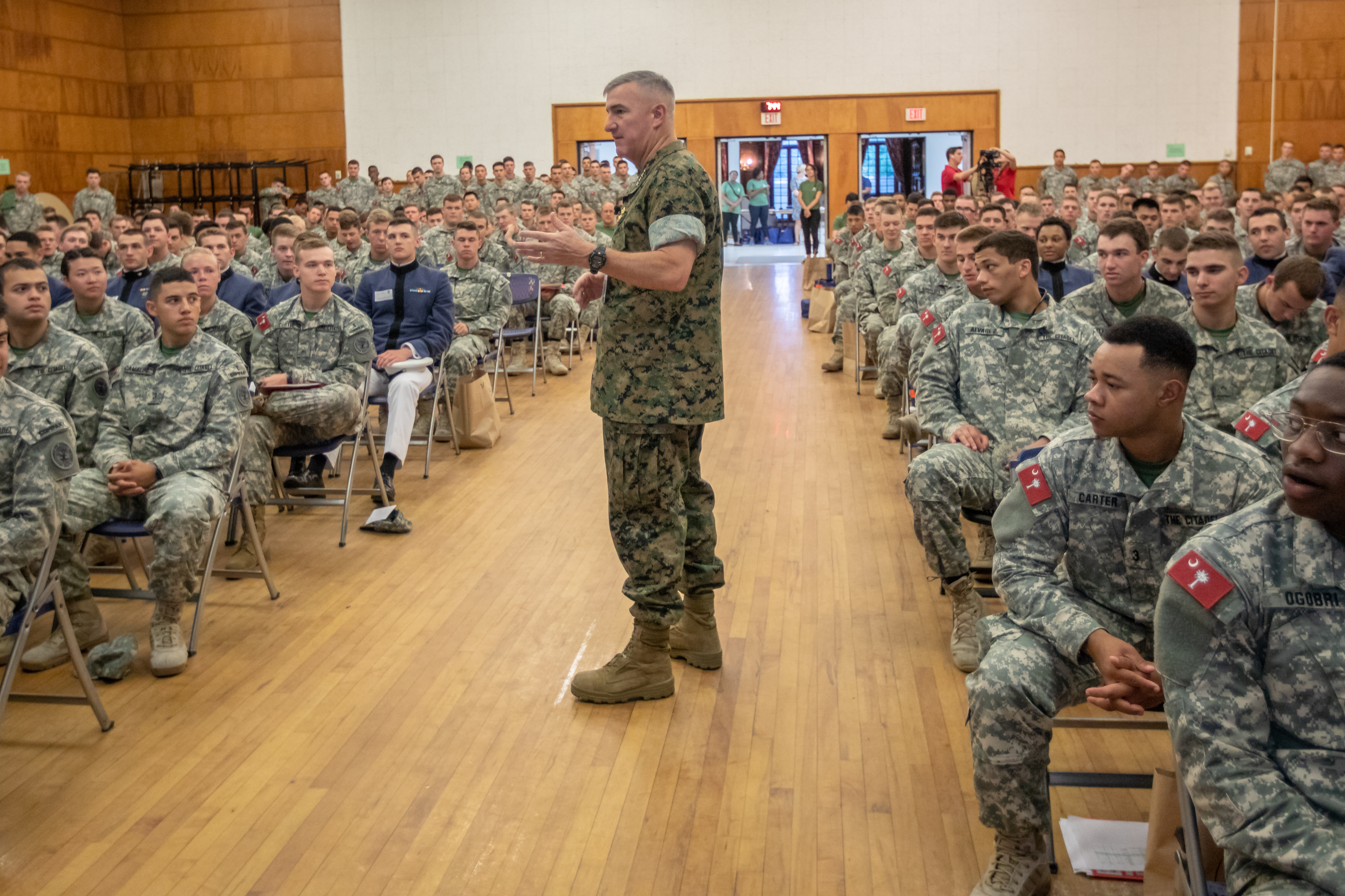 Citadel president Gen. Glenn Walters teaching juniors about leadership and ethics