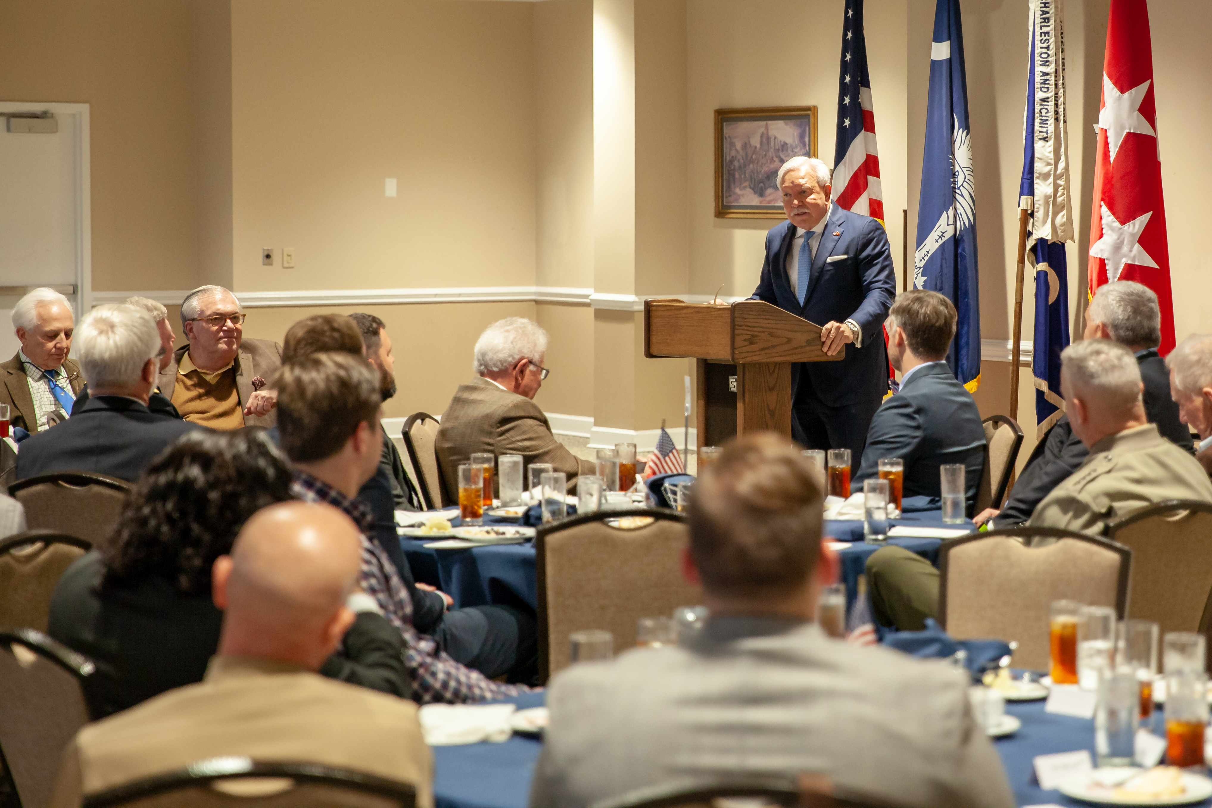 Tommy Baker speaks at the veterans fellowship awards banquet