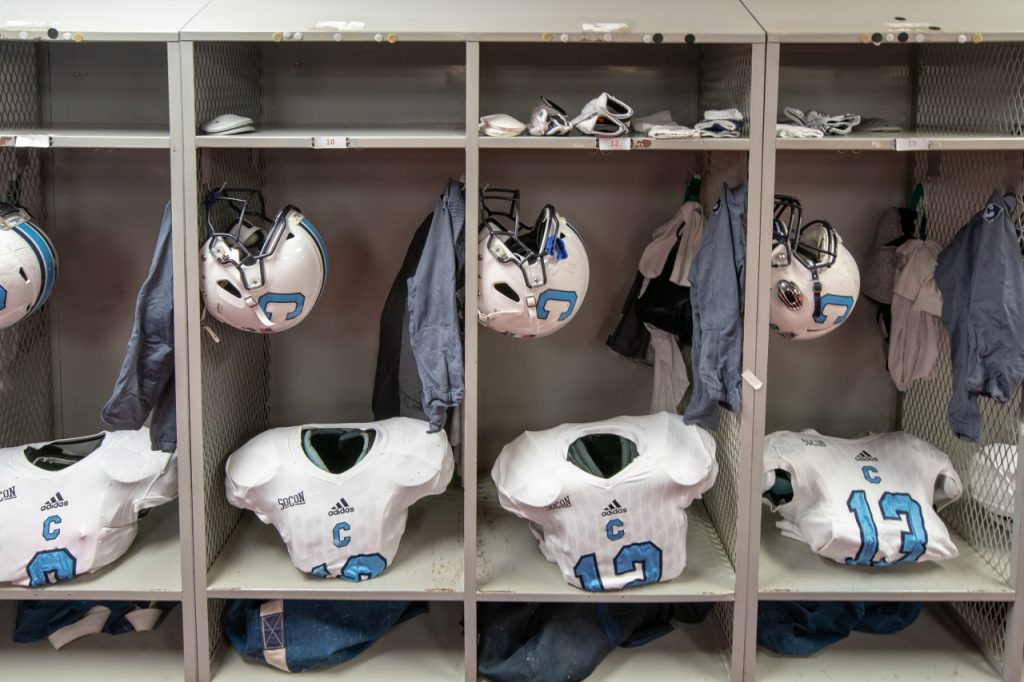 Bulldogs gear in Alabama locker room. By Lou Brems, Citadel photographer.