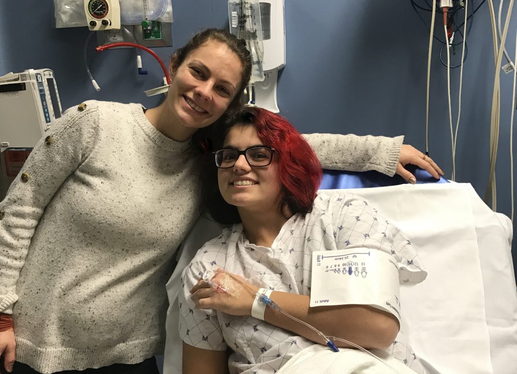 GCG student Rebecca Seley and her sister Katie Seley at Georgetown Hospital in Washington, D. C. after Rebecca donated bone marrow through Be the Match