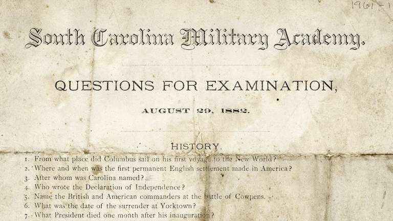 A copy of The Citadel's entrance exam from 1882