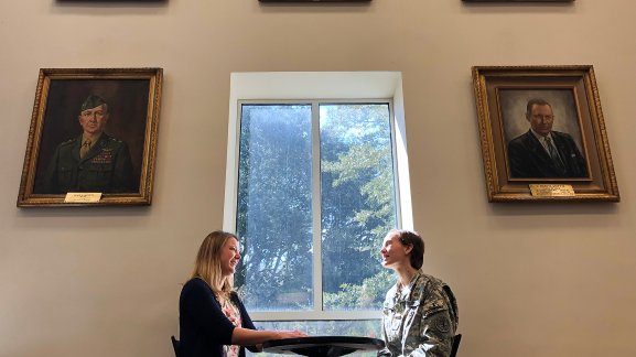 Holly Irvine and Taryn Hall in Daniel Library