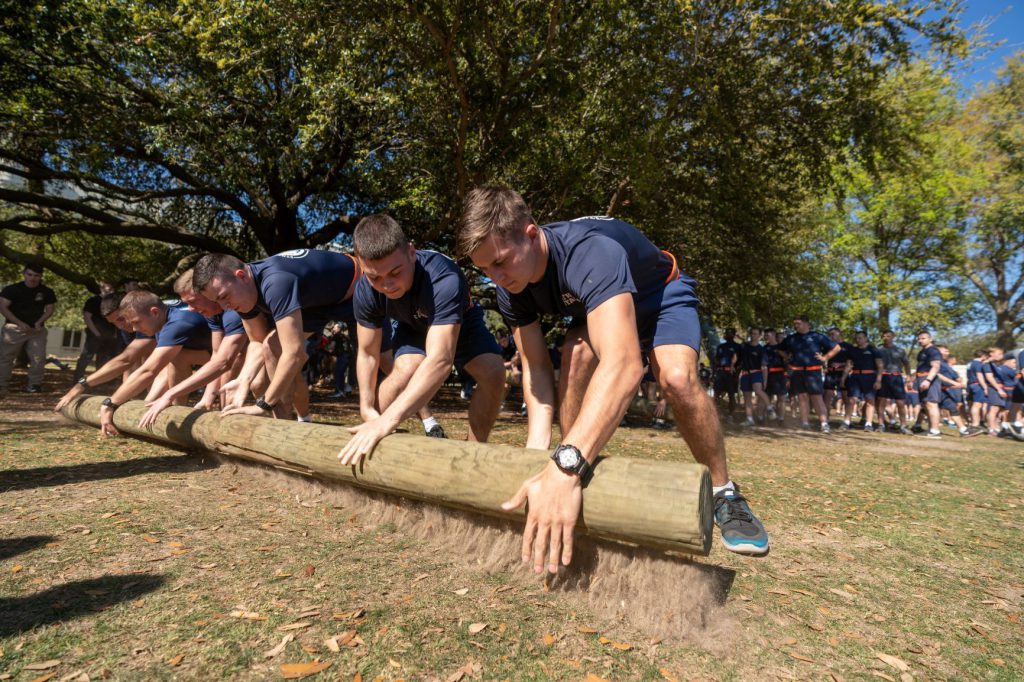 Cadets participating in log lift competition