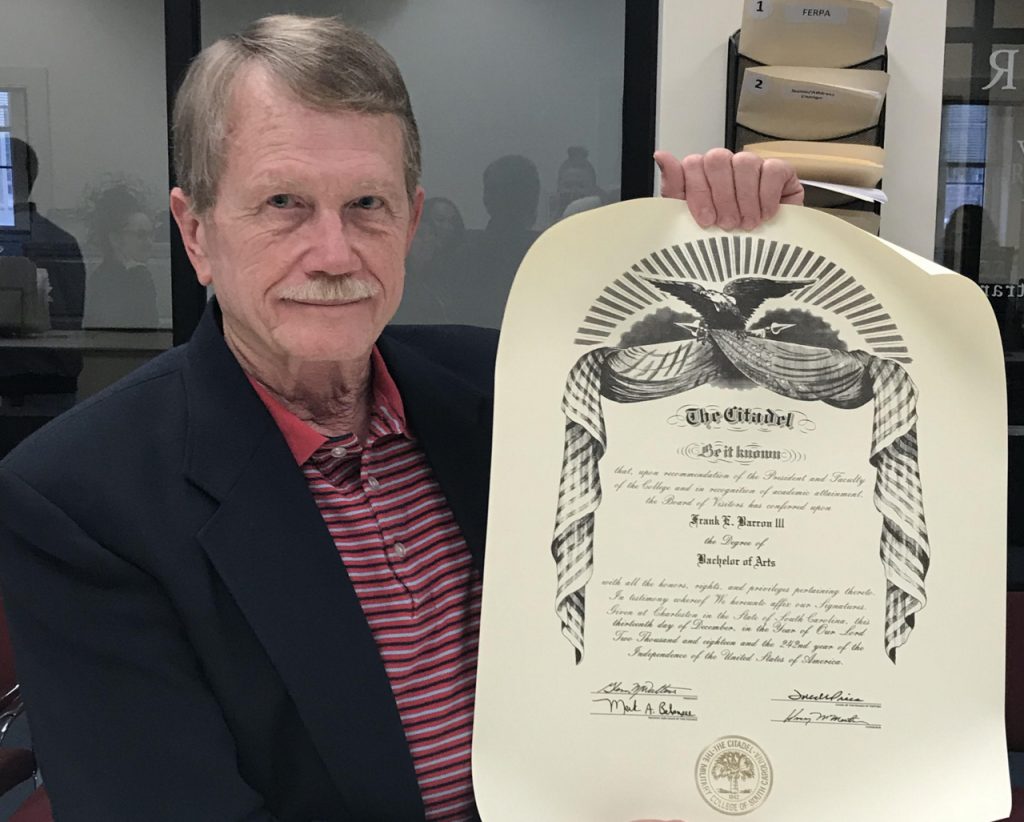 Frank Barron III graduates from The Citadel 53 years after he began as a cadet, at age 75