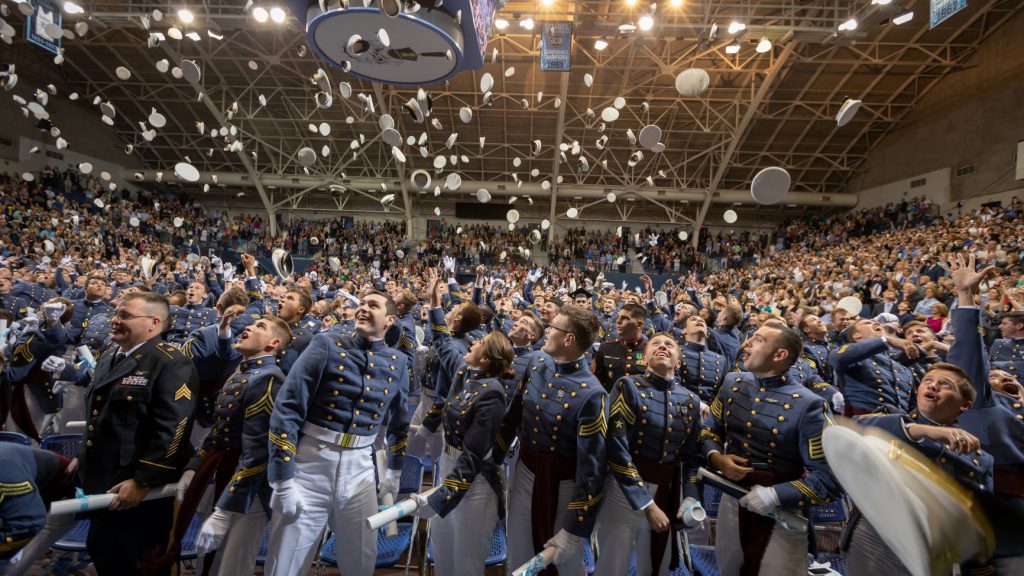 Cadets tossing caps after commencement 2018
