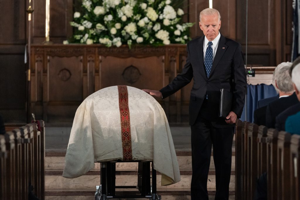 Former Vice President Joe Biden says goodbye to his longtime friend Fritz Hollings after delivering the eulogy at the funeral of the late former South Carolina Senator at Summerall Chapel on the campus of The Citadel, the Military College of South Carolina in Charleston, S.C., Tuesday, April 16, 2019
