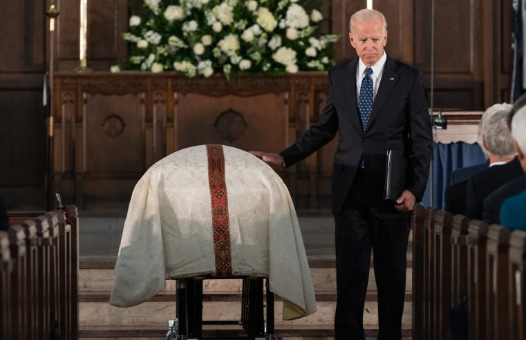 Former Vice President Joe Biden says goodbye to his longtime friend Fritz Hollings after delivering the eulogy at the funeral of the late former South Carolina Senator at Summerall Chapel on the campus of The Citadel, the Military College of South Carolina in Charleston, S.C., Tuesday, April 16, 2019