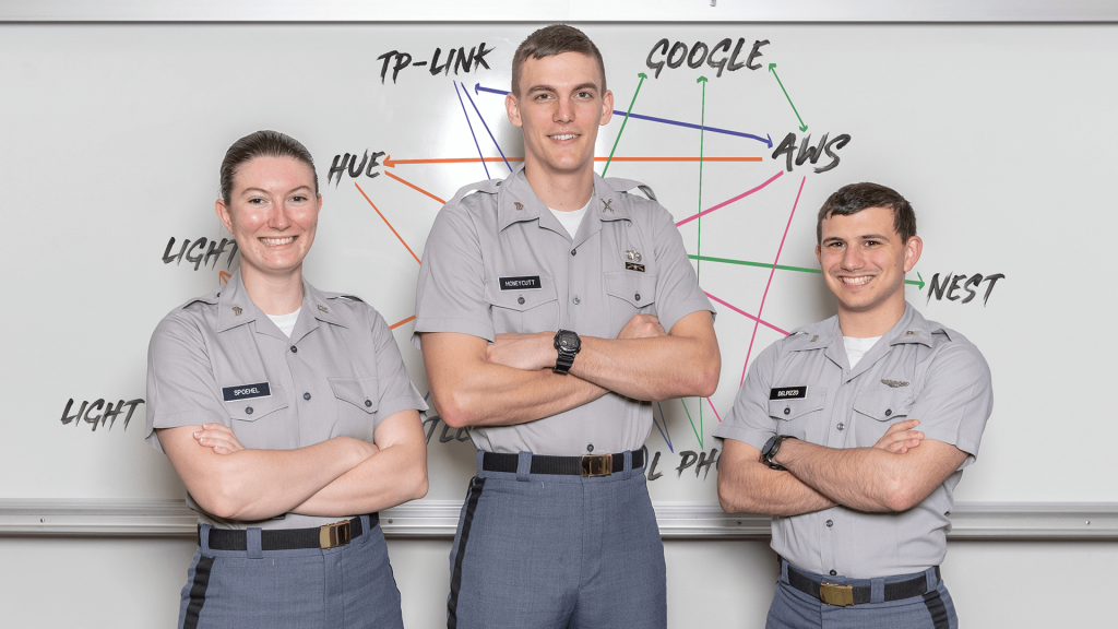 Citadel cadets stand in front of whiteboard with IOT map