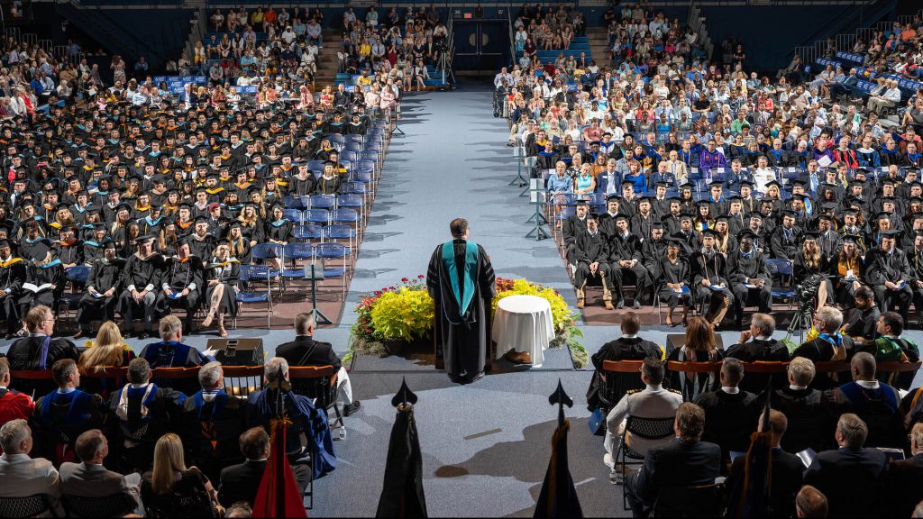 The Honorable Robert Wilkie, Secretary of Veterans Affairs, delivers a commencement address during The Citadel Graduate College commencement on May 4, 2019.