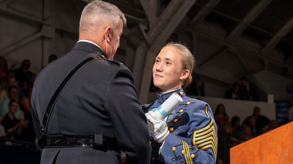 Sarah Zorn with Gen. Walters, president of The Citadel, during commencement 2019