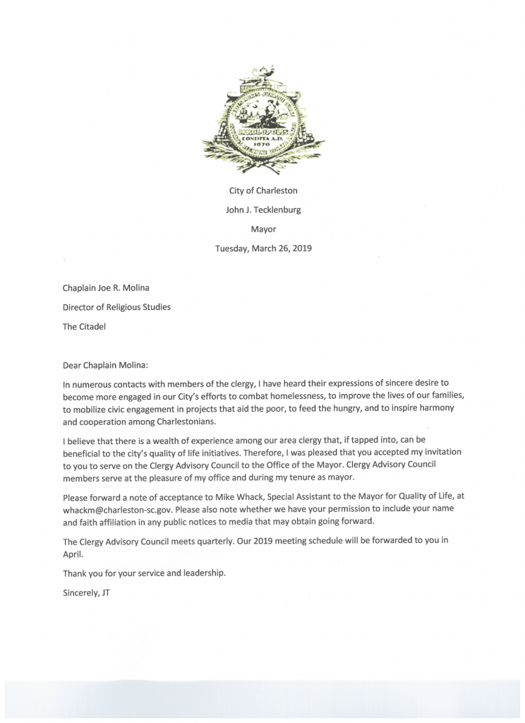 Charleston Mayor's Clergy Council invitation