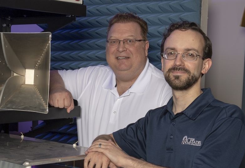 Citadel engineering professor Greg Mazzaro with Army Research Lab project team lead, Kelly Sherbondy at the lab in Adelphi, Maryland