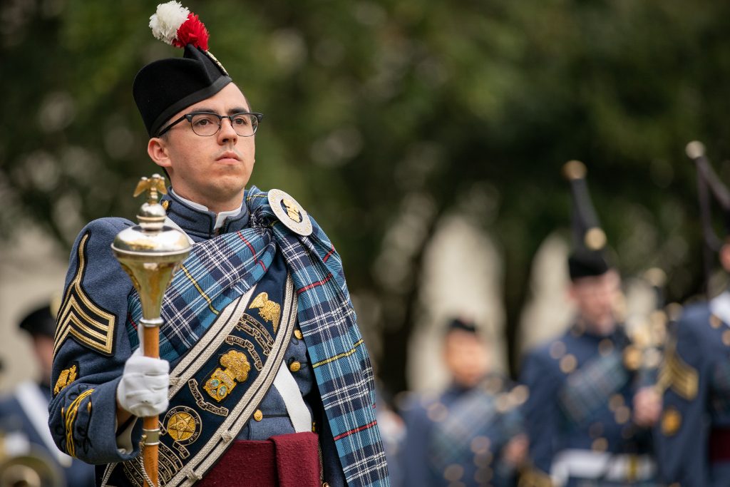 The Citadel drum major at military dress parade on campus in Charleston, SC