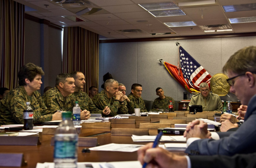 Lt. Gen. Lori Reynolds, left, and Gen. Glenn Walters, right, during meeting with Marine Corps leadership, 2018