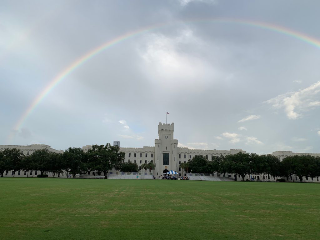 Rainbow over Padgett-Thomas Barracks on Matriculation Day 2019 (Courtesy Breana Broad, Regimental Public Affairs Officer)