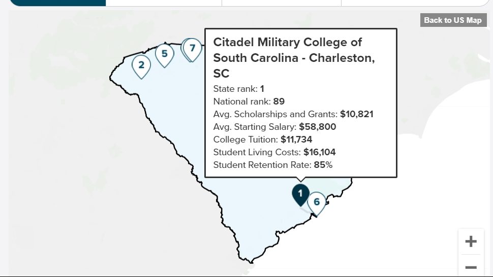 Internactive list of best value colleges in SC