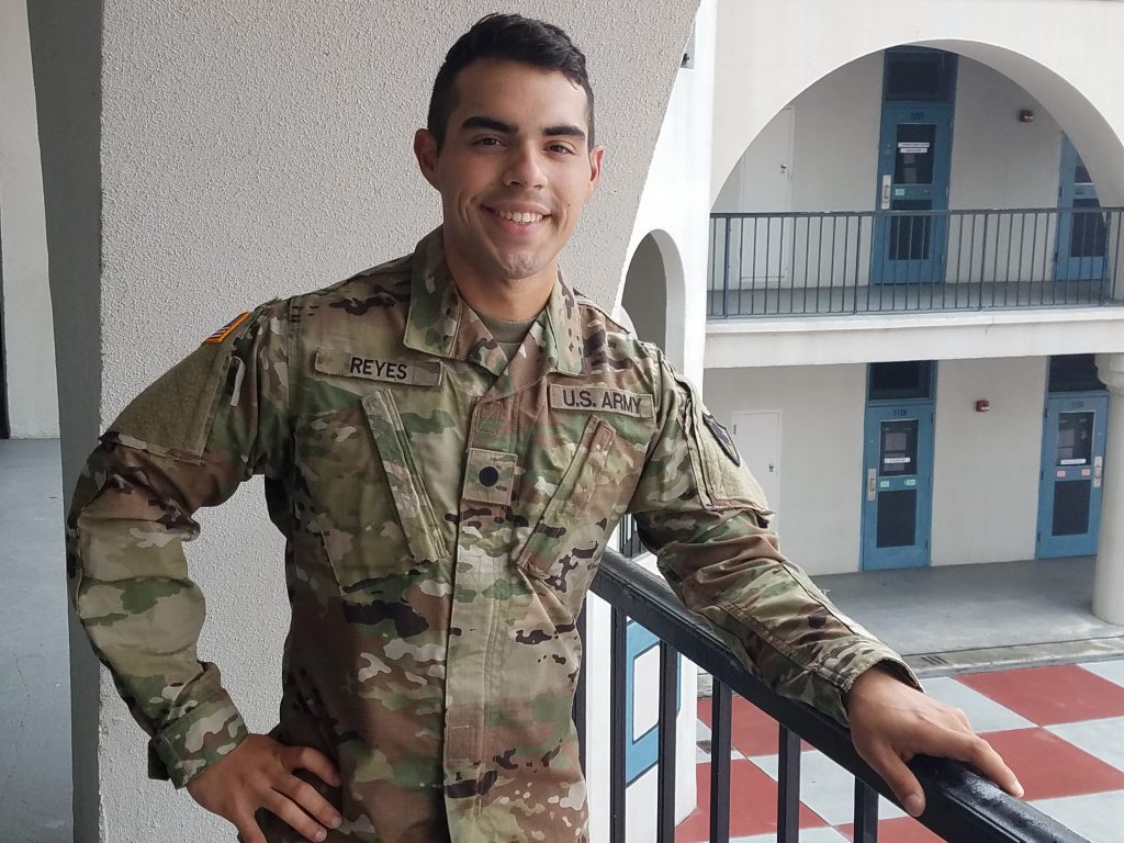 Cadet Brandley Reyes on a balcony at The Citadel