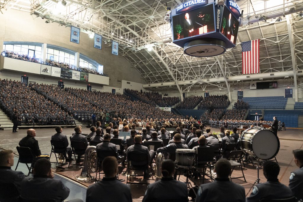 U.S. Secretary of State Michael R. Pompeo addressing the South Carolina Corps of Cadets on Veterans Day, 2019, at The Citadel