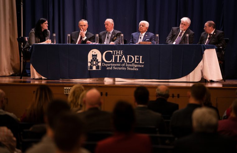 The FBI Watergate Panel, featuring Angelo Lano, Daniel Mahan, John Clynick, Paul Magallanes, and John Mindermann, moderated by Assistant Professor Melissa Graves, takes place during the 2020 Citadel Intelligence Ethics Conference in Mark Clark Hall at The Citadel in Charleston, South Carolina on Wednesday, February 12, 2020. (Photo by Cameron Pollack / The Citadel)