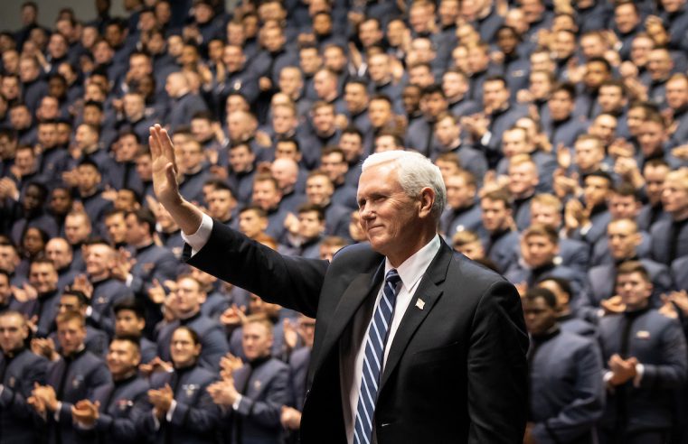 Vice President Mike Pence waives to crowd in McAlister Field House at The Citadel