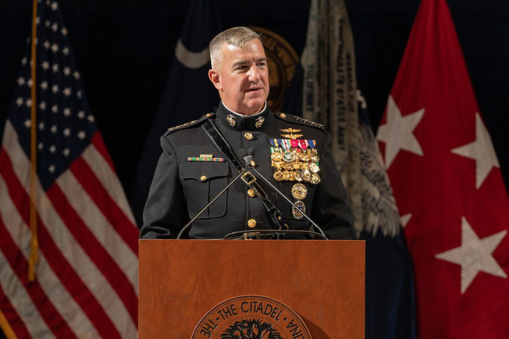 Gen. Glenn Walters, president of The Citadel, speaking at a graduation ceremony in 2019