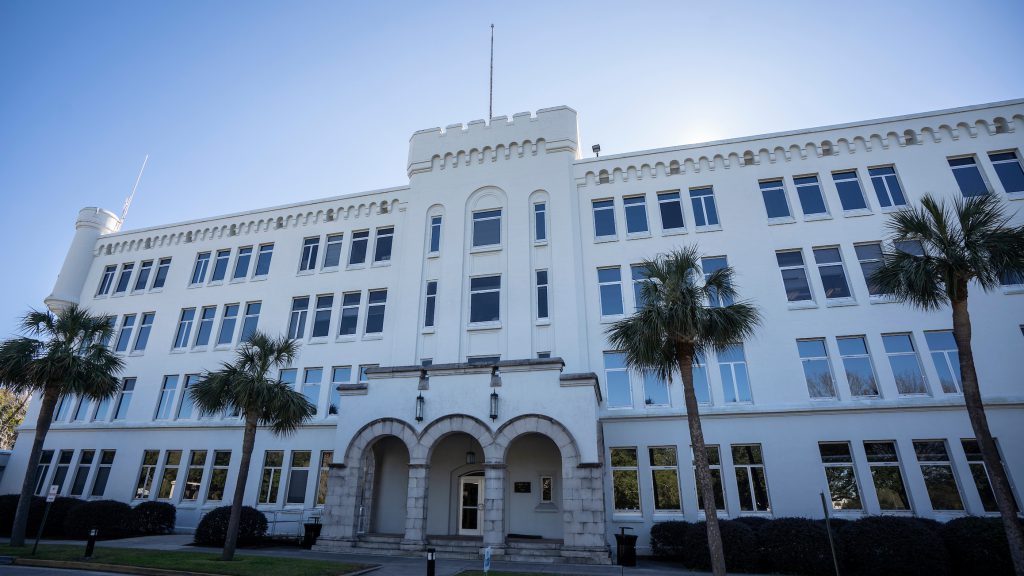 The exterior of Capers Hall is seen at The Citadel in Charleston,