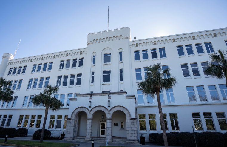 The exterior of Capers Hall is seen at The Citadel in Charleston,