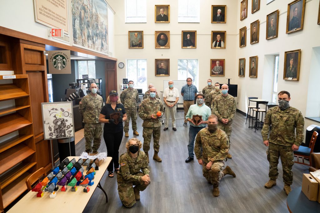 SC Guard members and others in Citadel's Daniel Library working to make masks for healthcare workers