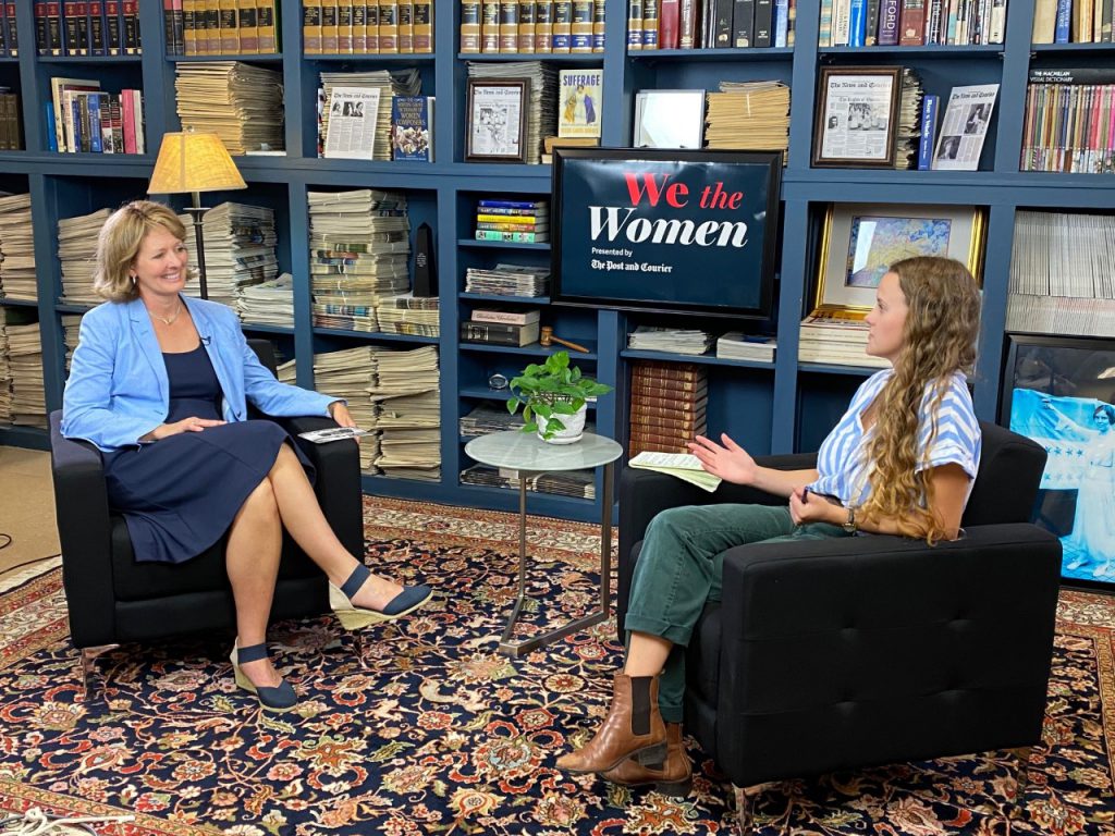 Citadel Provost Dr. Sally Selden being interviewed by Post and Courier reporter Jenna Schifrel for We the Women series