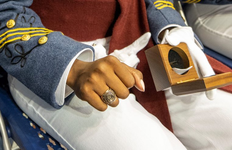 Hand of a woman cadet close up showing new citadel ring at ceremony
