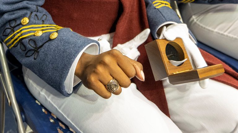 Hand of a woman cadet close up showing new citadel ring at ceremony