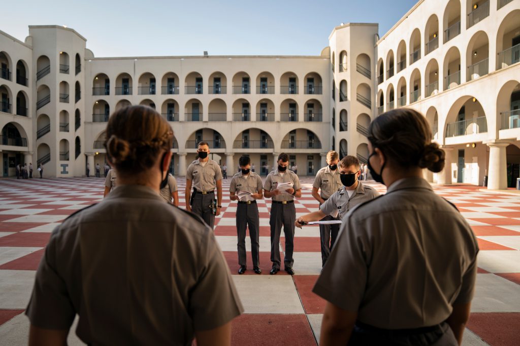 Training Cadre cadets take part in a “How To Teach Drill” session in the barracks at The Citadel in Charleston, South Carolina on Tuesday, August 4, 2020. (Photo by Cameron Pollack / The Citadel)