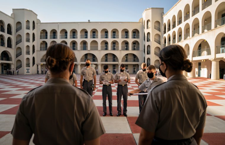 Training Cadre cadets take part in a “How To Teach Drill” session in the barracks at The Citadel in Charleston, South Carolina on Tuesday, August 4, 2020. (Photo by Cameron Pollack / The Citadel)