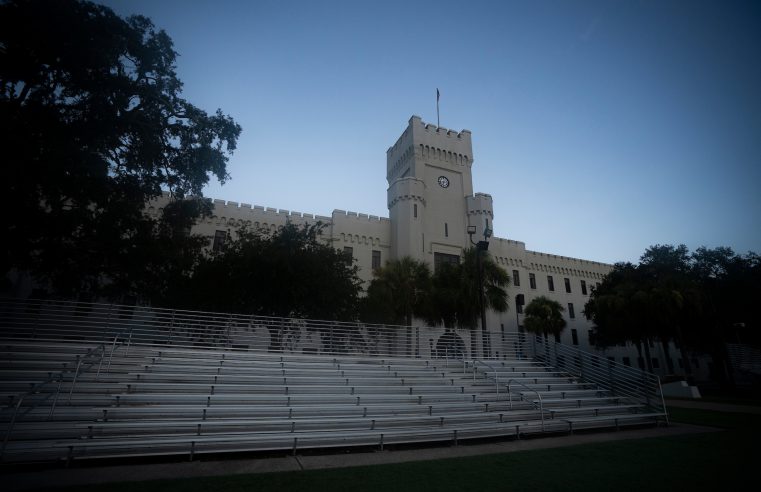 Padgett-Thomas Barracks is seen before sunrise from Summerall Field during Matriculation Day for the Class of 2024 at The Citadel in Charleston, South Carolina on Saturday, August 8, 2020. (Photo by Cameron Pollack / The Citadel)
