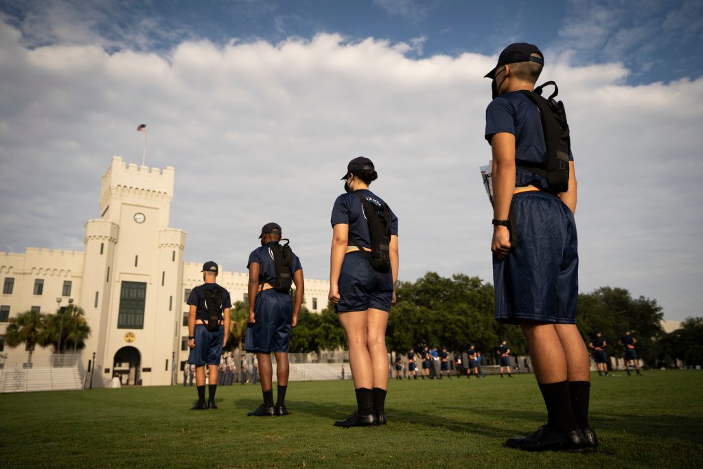 Knobs from the Class of 2024 take part in morning drill during Challenge Week at The Citadel in Charleston, South Carolina on Tuesday, August 11, 2020. (Photo by Cameron Pollack / The Citadel)