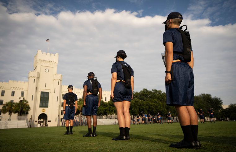 Knobs from the Class of 2024 take part in morning drill during Challenge Week at The Citadel in Charleston, South Carolina on Tuesday, August 11, 2020. (Photo by Cameron Pollack / The Citadel)