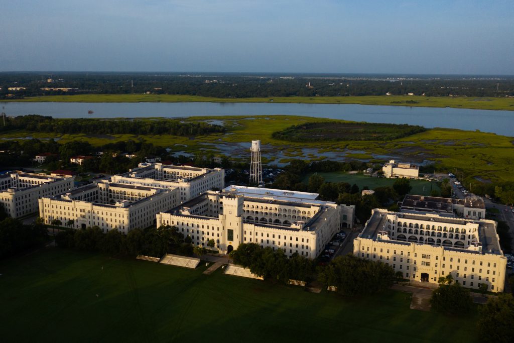 The Citadel campus is seen from the air in Charleston, South Carolina on Thursday, August 27, 2020. (Photo by Cameron Pollack / The Citadel)