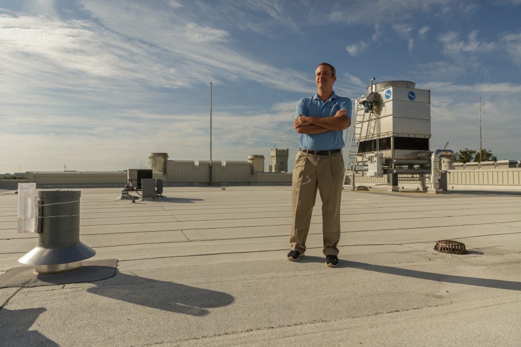 Dr. Scott Curtis, Director of the new Citadel Climate Center, poses for a portrait on the roof of Grimsley Hall at The Citadel in Charleston, South Carolina on Wednesday, September 23, 2020. (Photo by Cameron Pollack / The Citadel)