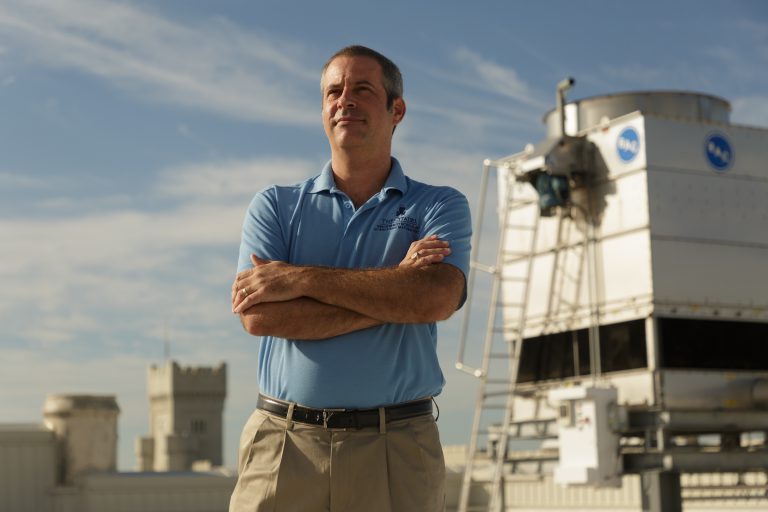 Dr. Scott Curtis, Director of the new Citadel Climate Center, poses for a portrait on the roof of Grimsley Hall at The Citadel in Charleston, South Carolina on Wednesday, September 23, 2020. (Photo by Cameron Pollack / The Citadel)