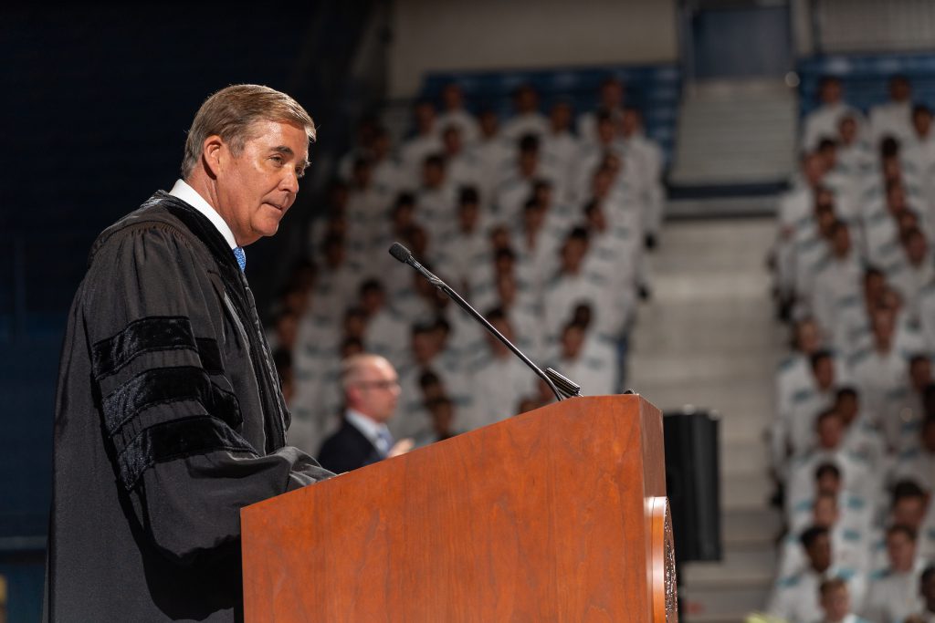 Fred L. Price, Jr., Citadel Board of Visitors Chair, speaking during presidential inauguration ceremony for Gen. Glenn Walters on April 5, 2019