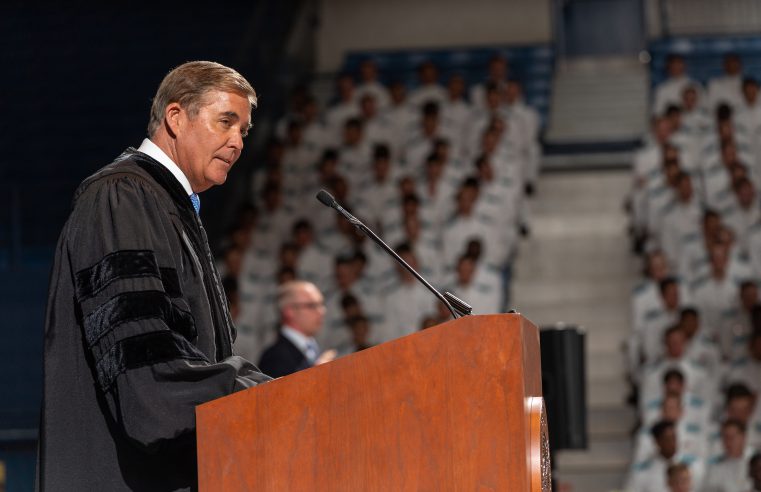 Fred L. Price, Jr., Citadel Board of Visitors Chair, speaking during presidential inauguration ceremony for Gen. Glenn Walters on April 5, 2019