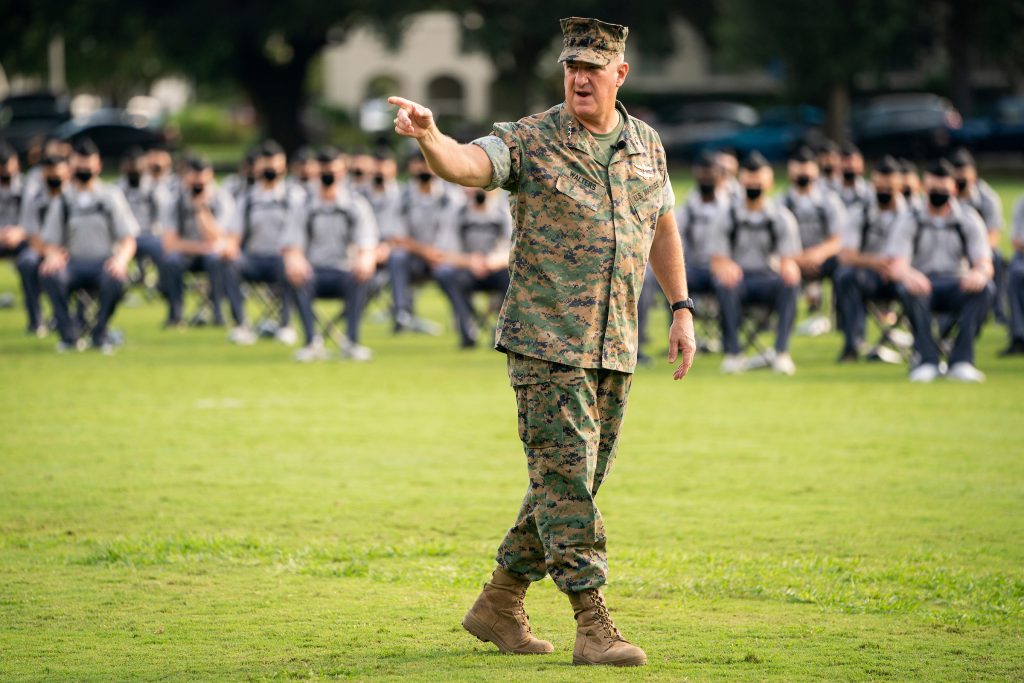 Knobs from the Class of 2024 and the Cadre gather on Summerall Field for an address from Citadel President General Glenn M. Walters '79, USMC (Retired) during Challenge Week at The Citadel in Charleston, South Carolina on Tuesday, August 11, 2020. (Photo by Cameron Pollack / The Citadel)