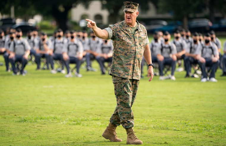 Knobs from the Class of 2024 and the Cadre gather on Summerall Field for an address from Citadel President General Glenn M. Walters '79, USMC (Retired) during Challenge Week at The Citadel in Charleston, South Carolina on Tuesday, August 11, 2020. (Photo by Cameron Pollack / The Citadel)
