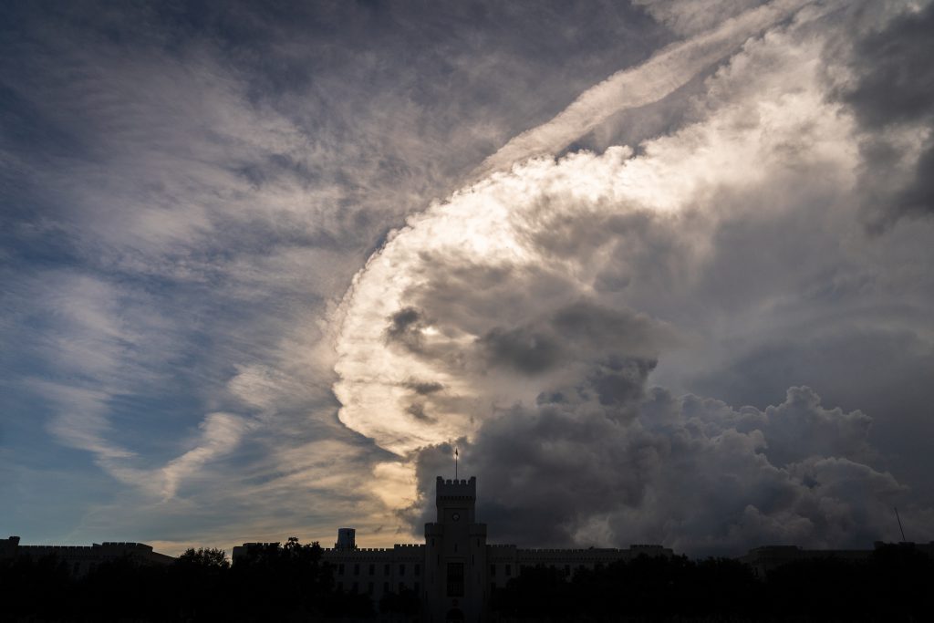 shot of roiling clouds over the citadel campus
