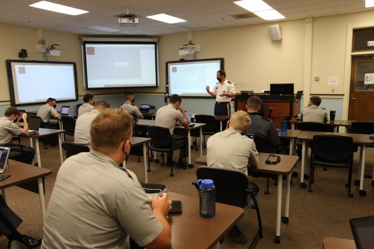 Dr. James Bezjian leads a Baker School of Business class on innovation in Bond Hall at The Citadel in Charleston, South Carolina on Tuesday, September 22, 2020. (Photo by Tom Thompson / The Citadel)