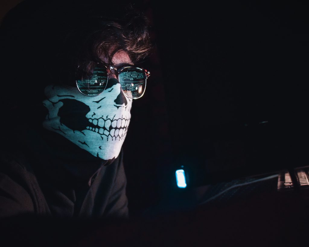 Photo of man wearing skeleton mask disguise