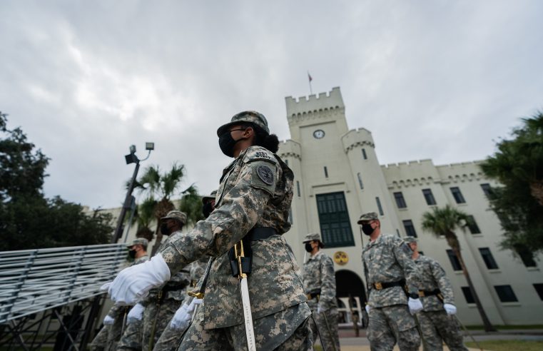 A portion of the South Carolina Corps of Cadets participates in parade practice on Summerall Field at The Citadel in Charleston, South Carolina on Thursday, November 5, 2020. (Photo by Cameron Pollack / The Citadel)
